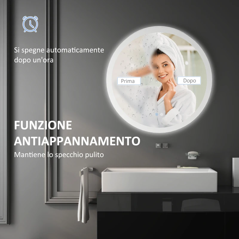 kleankin Specchio Bagno con Luci LED Regolabili, Controllo Touch e Design Antiappannamento, Ø60 cm