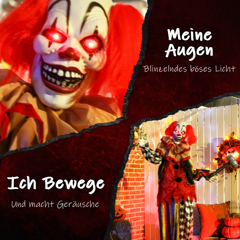 Dekoracja Halloween Outsunny, 173 cm klaun halloweenowy z świecącymi oczami, ruchome ramiona aktywowane dźwiękiem, figurka ogrodowa z młotem, przerażający dźwięk, na rekwizyty do domu strachów