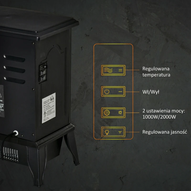 Kominek elektryczny, 2000W, efekt płomienia LED, czarny