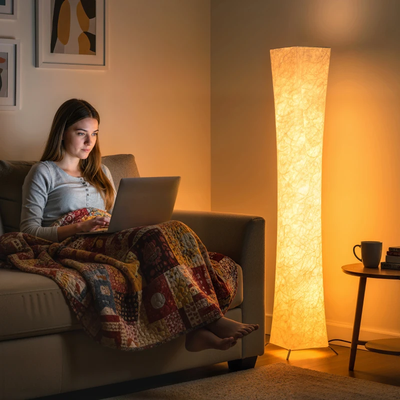 HOMCOM LED Lampa podłogowa do salonu, ściemnialna, z abażurem o wyglądzie papieru, ciepła biel, 3 poziomy jasności, lampa stojąca z przełącznikiem nożnym do sypialni, biura