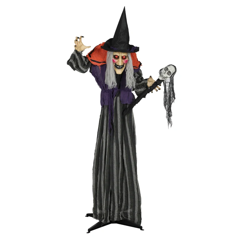 Outsunny 160 cm Dekoracja Halloween Czarownica z LED, funkcją dźwiękową, dekoracja drzwi z regulowanymi ramionami, ciałem, ogrodowa figura w naturalnej wielkości na imprezę