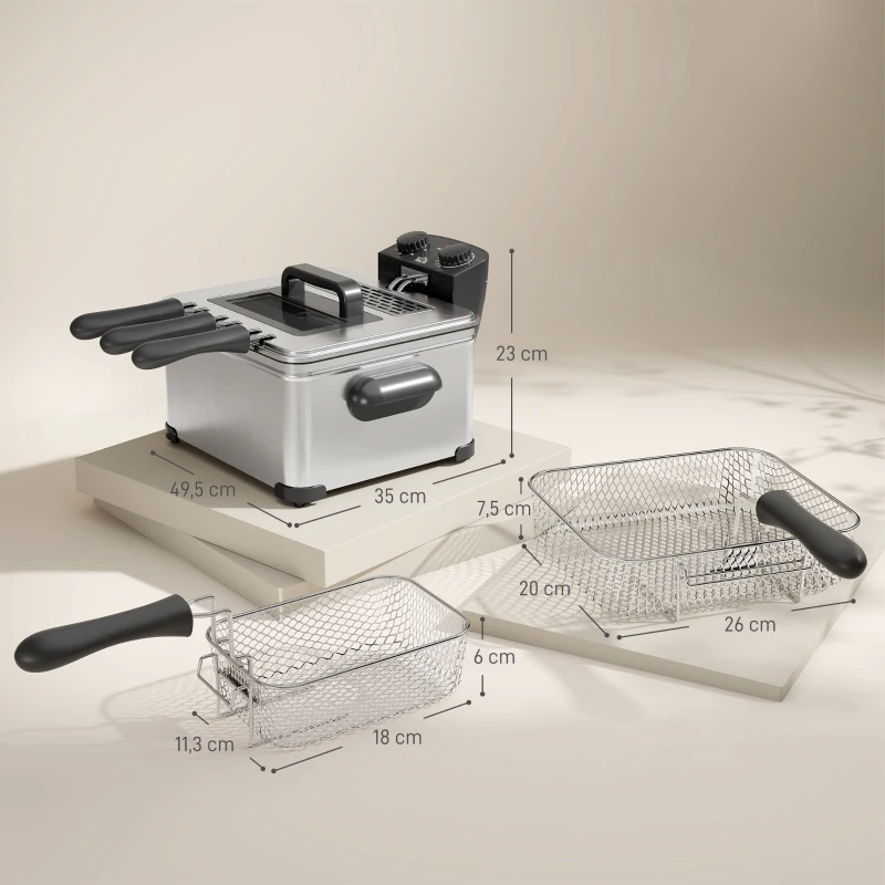 Frytkownica HOMCOM z pojemnością 5L, regulowana temperatura i timer, frytkownica olejowa z wyjmowanym zbiornikiem na olej, okienko, ochrona przed przegrzaniem, 2000 W, stal nierdzewna, srebrna