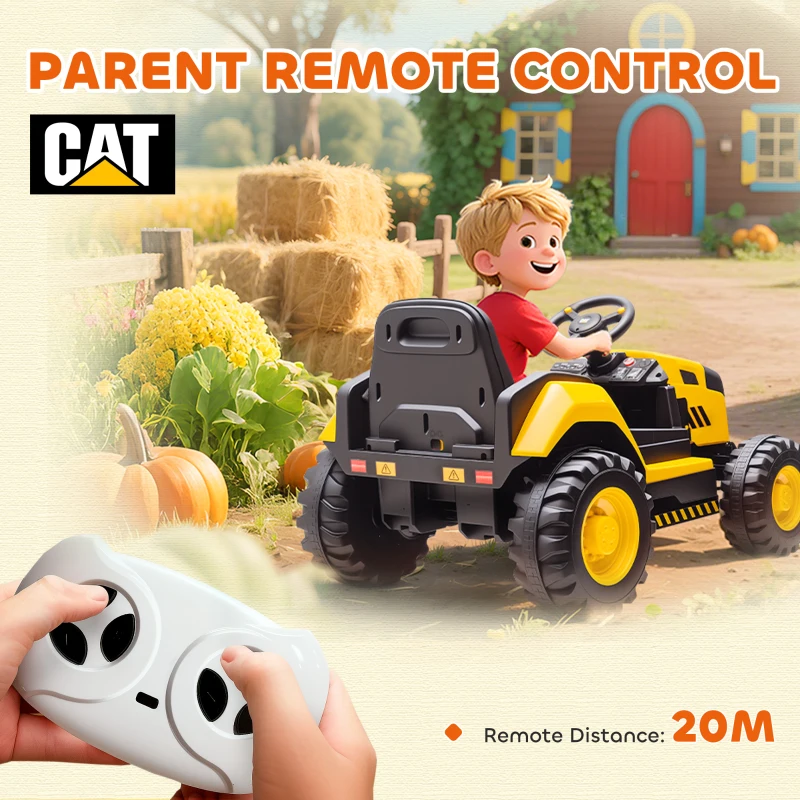 AIYAPLAY Elektryczny Traktor Licencjonowany przez CAT 12V z Zdalnym Sterowaniem, 2 Silniki, Muzyka, Tylna Amortyzacja, Łagodny Start i Stop, Bluetooth, dla Dzieci 3-6 lat, Żółty