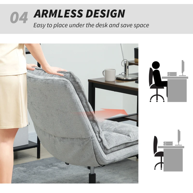 HOMCOM Armless Office Chair No Wheels, Chenille Fabric Criss Cross Legged Desk Chair with Wide Seat, Double-Tier Padding, Tilt Function, Height Adjustable Swivel Computer Seat for Home, Grey