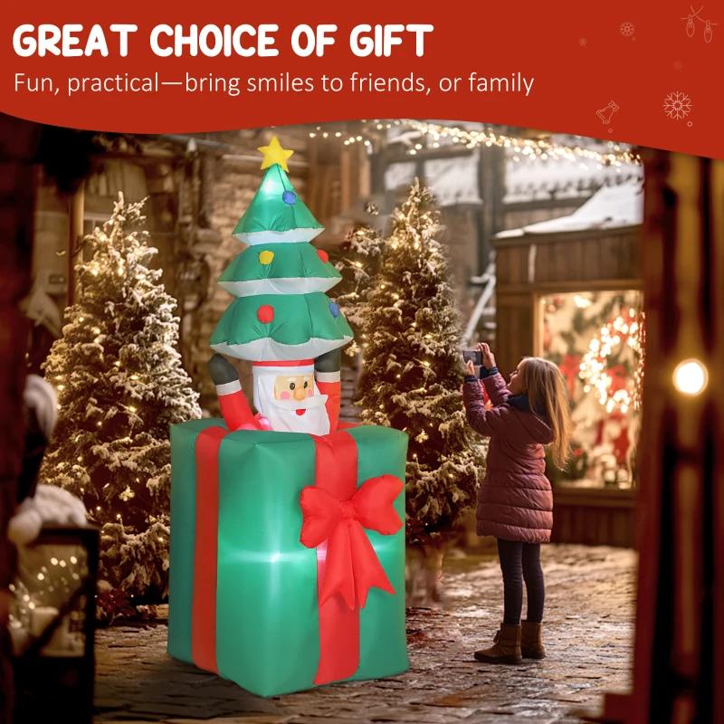 Outsunny 160-213 cm Nadmuchiwana Dekoracja Świąteczna Ruchomy Święty Mikołaj z Pudełka Prezentowego z Choinką Świąteczna Dekoracja z Wbudowanymi Światłami LED dla Trawników, Dziedzińców i Ogrodów