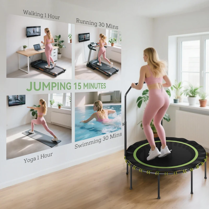 SPORTNOW Składana Trampolina Fitness Ø114 cm Mini Trampolina z 5 Regulowanymi Poziomami Uchwytu, Ciche Gumowe Liny, Trampolina dla Dorosłych do Wewnątrz i na Zewnątrz