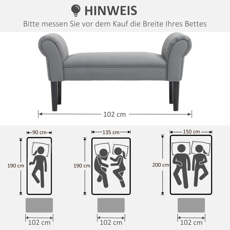 HOMCOM Ławka, Ławka do sypialni, Solidna konstrukcja, Miękkie wyściełanie, 102x36x51 cm, Szara