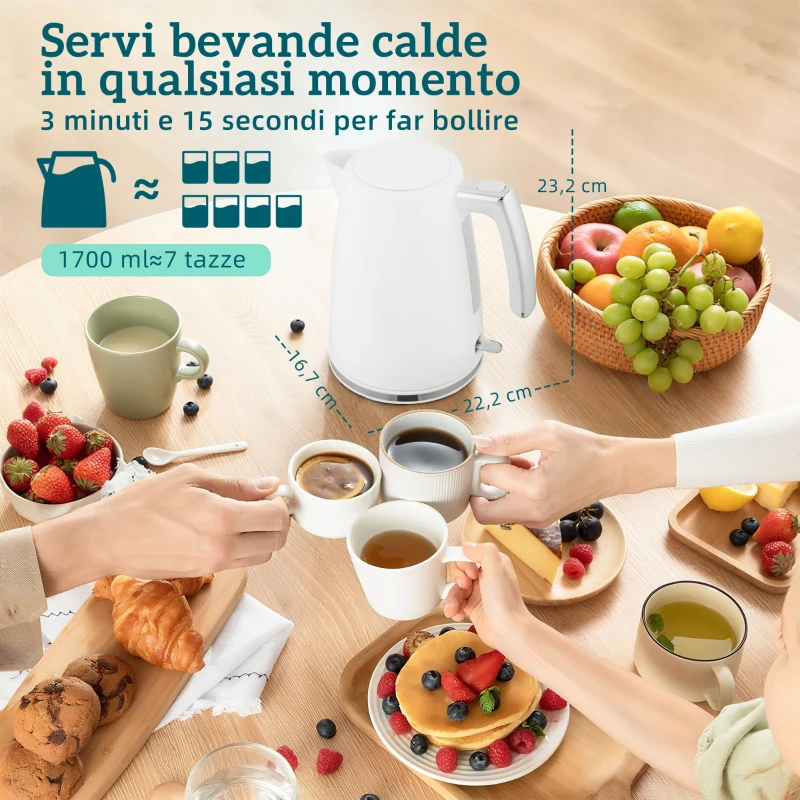 HOMCOM Set Bollitore Elettrico da 1.7L 2200W con Termostato e Tostapane Doppio con 7 Livelli di Doratura, Bianco