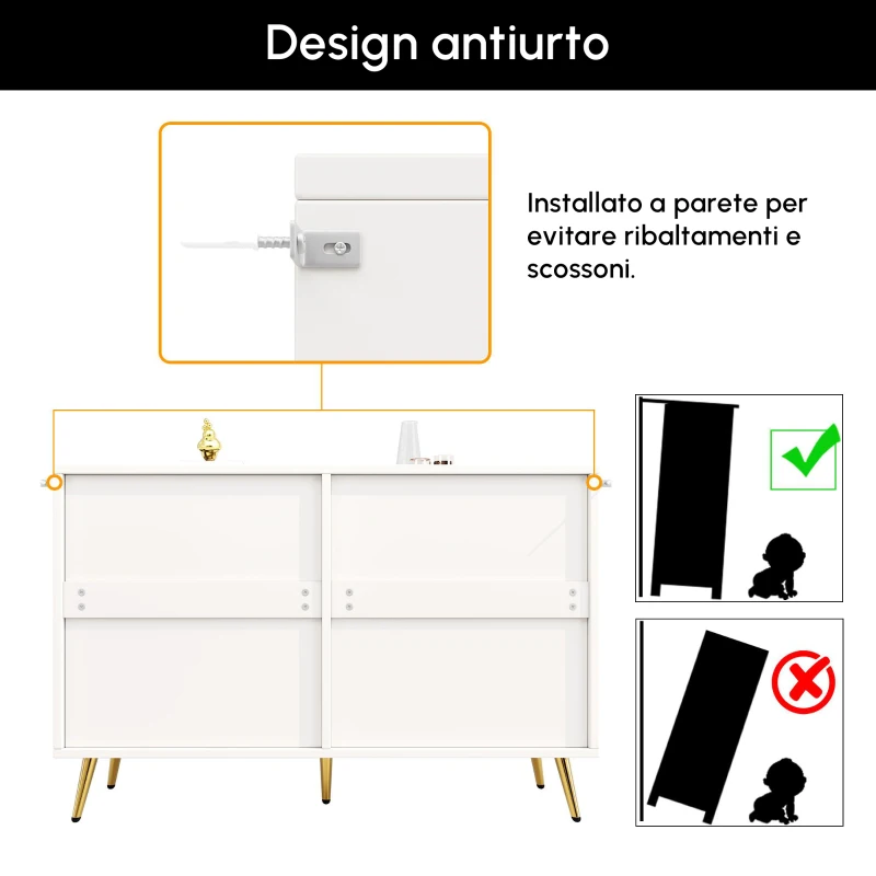 Credenza da cucina con 6 cassetti, ante tridimensionali e gambe dorate, 120x40x75 cm, Bianco