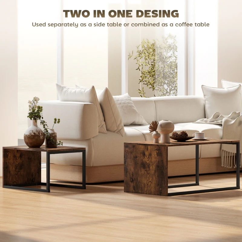 HOMCOM Zestaw 2 stolików kawowych, rustykalny brązowy, stolik do salonu i sypialni, metalowa rama, stolik na kawę