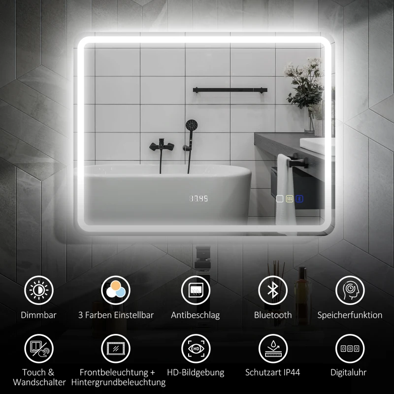 HOMCOM 700 x 900 mm Bluetooth Bathroom Mirror with LED Lights, Illuminated Backlit Wall Mounted Vanity Mirror with 3 Colours Dimmable, Clock, Anti-Fog, Memory & Touch Switch, IP44