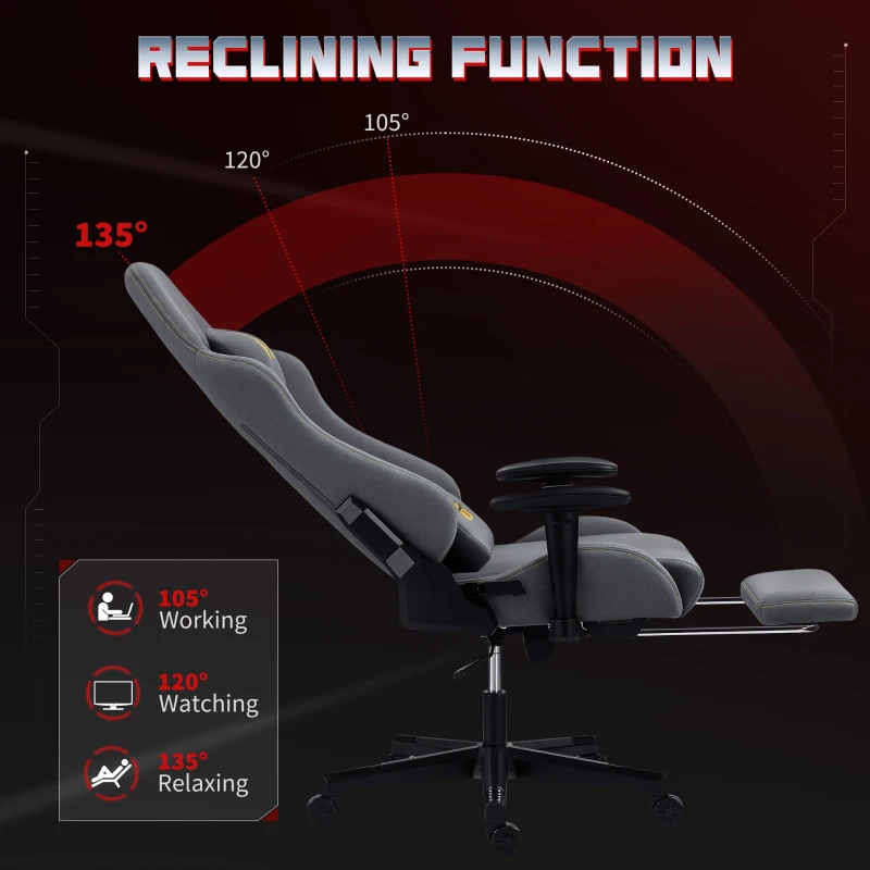 HOMCOM Fotel gamingowy Ergonomiczny, z zamszu syntetycznego, z poduszką lędźwiową, podnóżkiem, poduszką na głowę i regulowanymi podłokietnikami 3D, Ciemnoszary