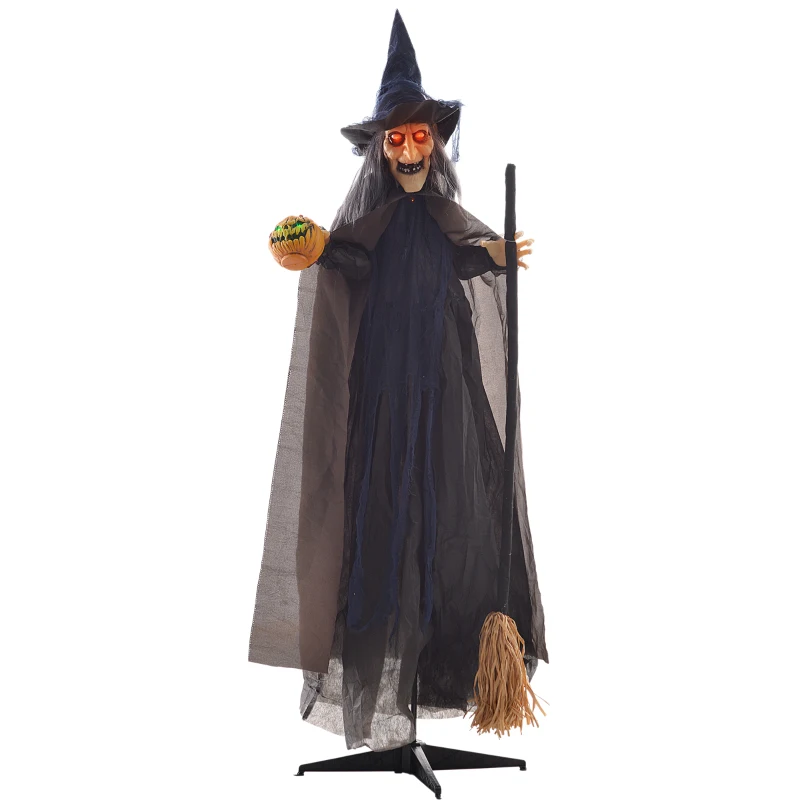HOMCOM 190cm 75" Witch with Broomstick Outdoor Halloween Decoration, Halloween Animatronic with Sound Activated, Light Up Eyes, Sound Effects, Animated Prop for Haunted House