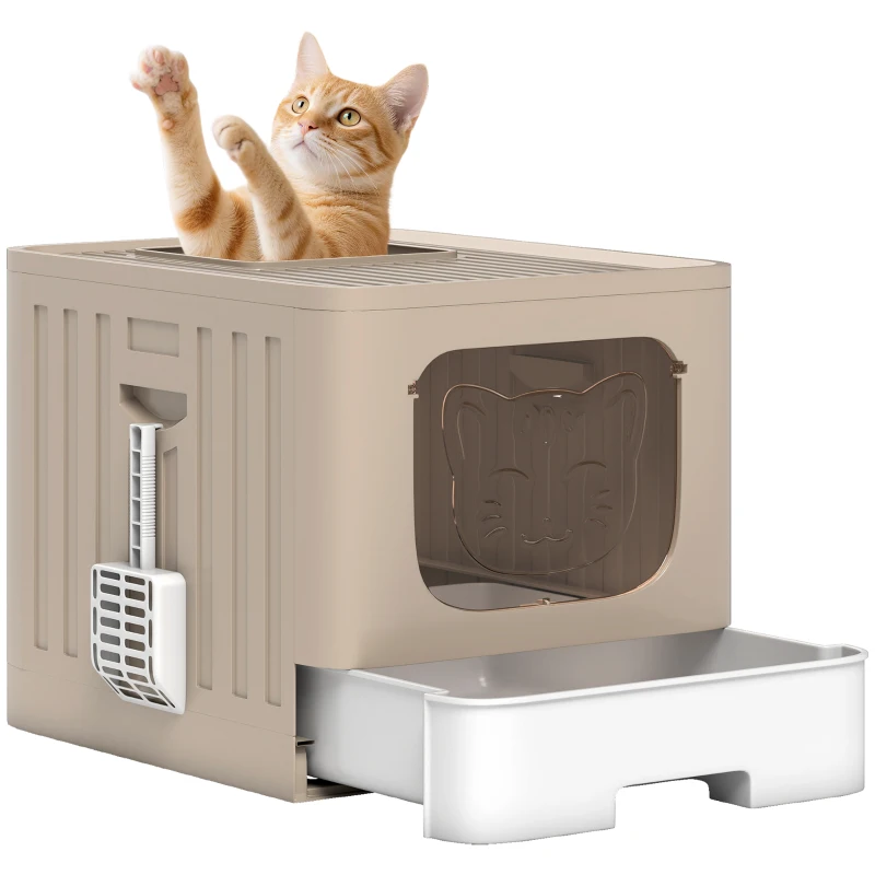 PawHut Foldable Cat Litter Box with Lid, Slide-Out Drawer, Scoop, Easy Clean, Odour Control, Anti-Splashing, Khaki