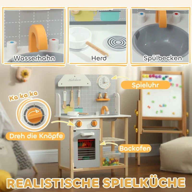 AIYAPLAY  Kids Play Kitchen Set, Pretend Play Children Kitchen with Stove, Sink Faucet, Oven, Cookware Accessories, for Toddlers Aged 3-6 Years Old, Grey