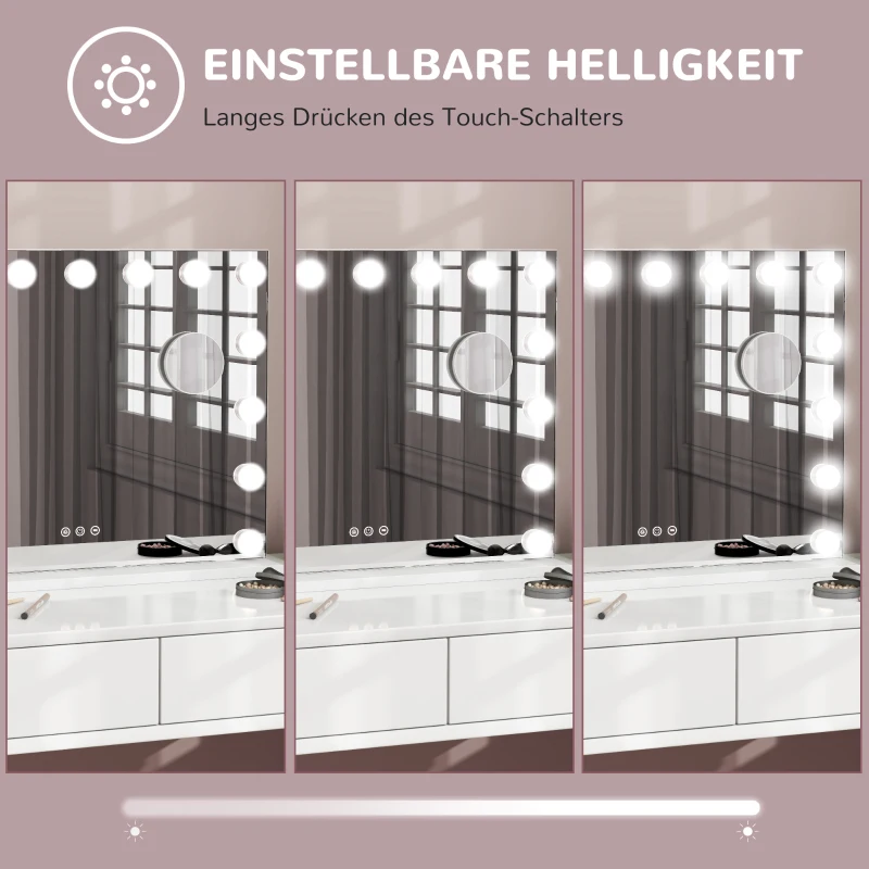 HOMCOM Hollywood Lustro z oświetleniem, Kosmetyczne Lustro LED z 15 lampami, Ściemnialne z 10x Lusterkiem Powiększającym, Port USB, Sterowanie Dotykowe