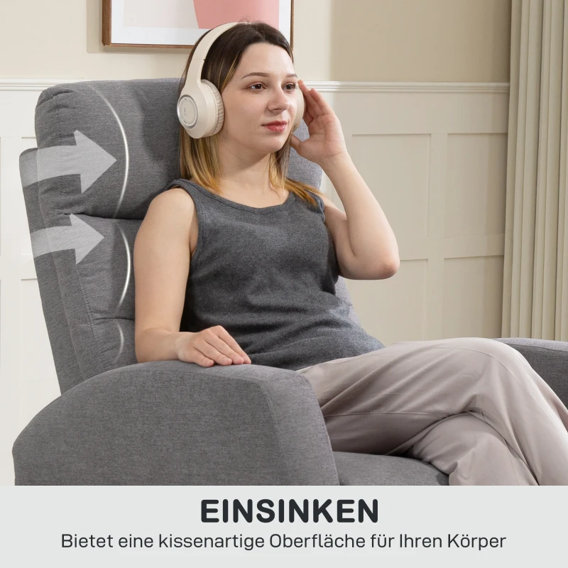 HOMCOM Fotel Relaksacyjny, Fotel Telewizyjny z Funkcją Leżenia, Wyściełany Fotel TV z Podnóżkiem, Wygląd Lnu, Fotel Wypoczynkowy do Salonu, Sypialni do 150 kg, Ciemnoszary