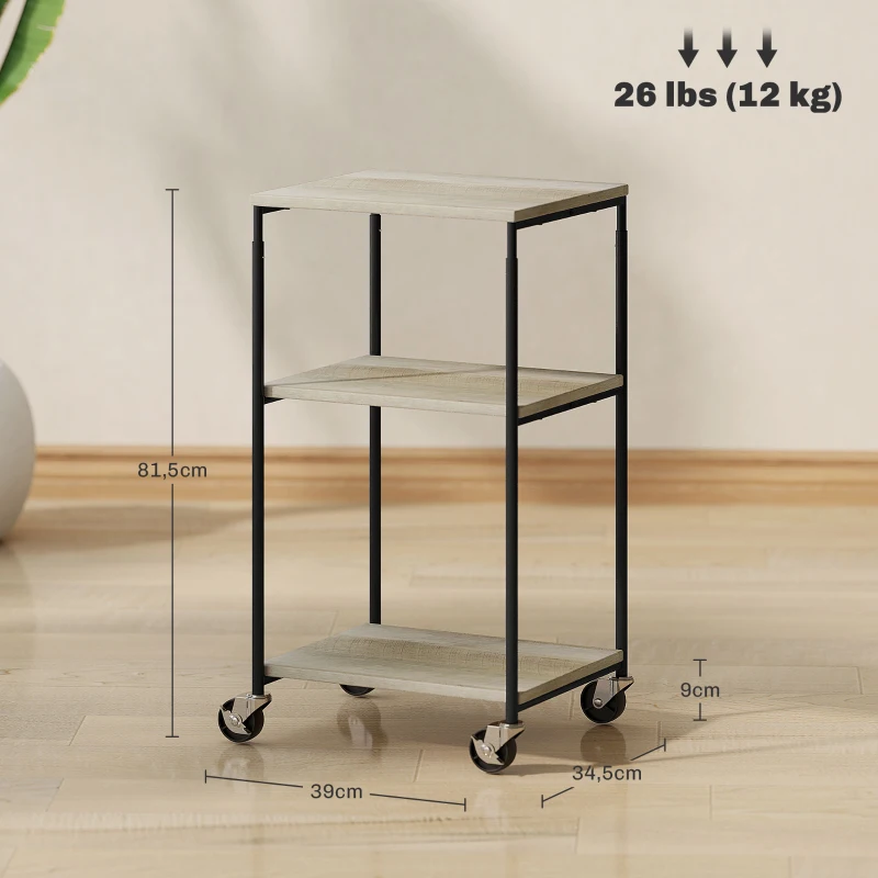 HOMCOM 3-Tier Printer Stand with Storage Shelf and Adjustable Height, Mobile Printer Table on Wheels, Rolling Printer Cart for Home Office, Graphite Wood Effect