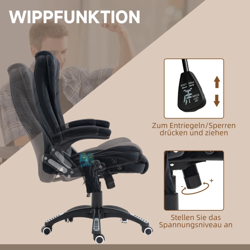 Vinsetto Fotel biurowy z funkcją kołysania, Fotel do masażu z funkcją podgrzewania, ergonomiczny fotel kierownika z regulacją wysokości, nośność 120 kg, czarny