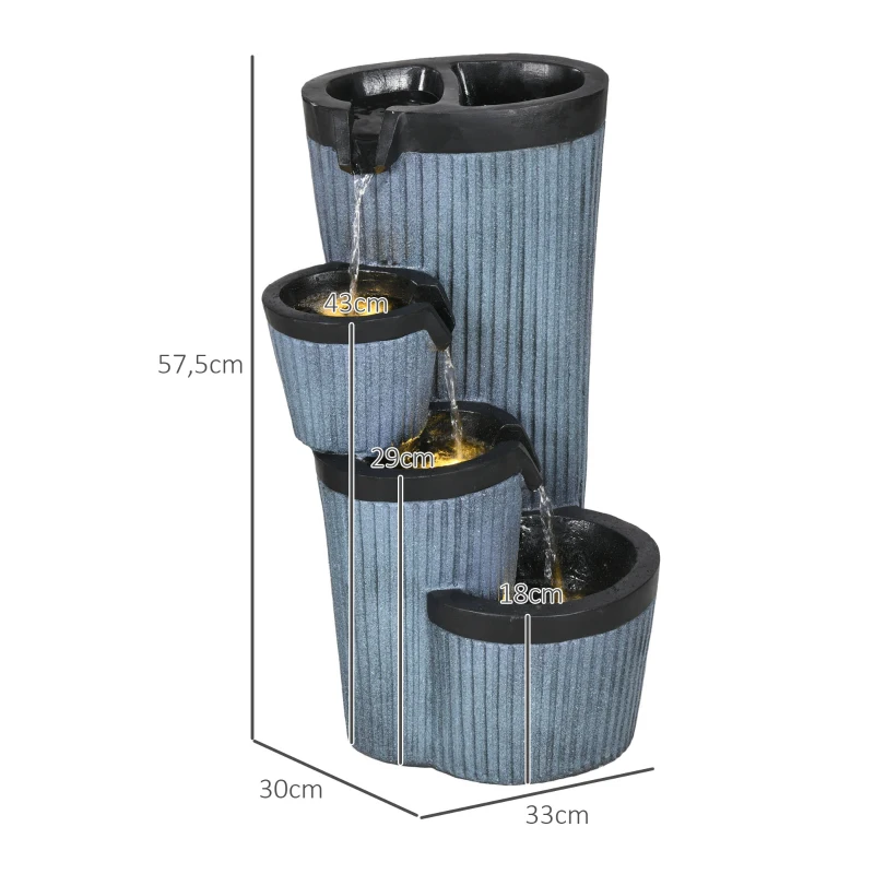 Outsunny Fontanna ogrodowa, Fontanna solar, Fontanna wodna z oświetleniem LED, 4-stopniowa fontanna ozdobna z donicą na kwiaty do ogrodu, balkonu, żywica sztuczna, 33 x 30 x 57,5 cm