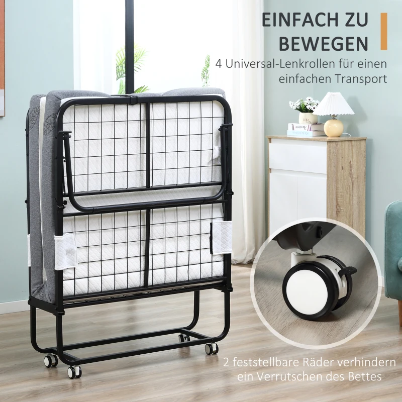 HOMCOM logeerbed opklapbed met wielen verstelbaar staal + schuim wit + zwart 200 x 75 x 42,5 cm