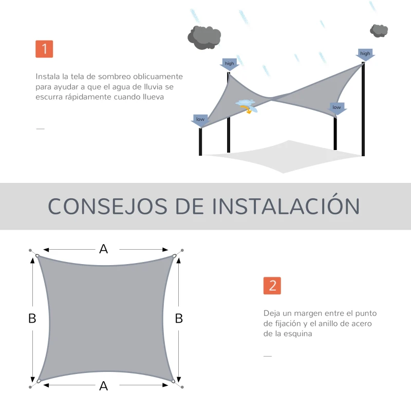 Outsunny Toldo Vela Rectangular 4x3 m Protección Rayos UV con Bolsa de Transporte Anillas de Acero Inoxidable y Cuerdas Gris