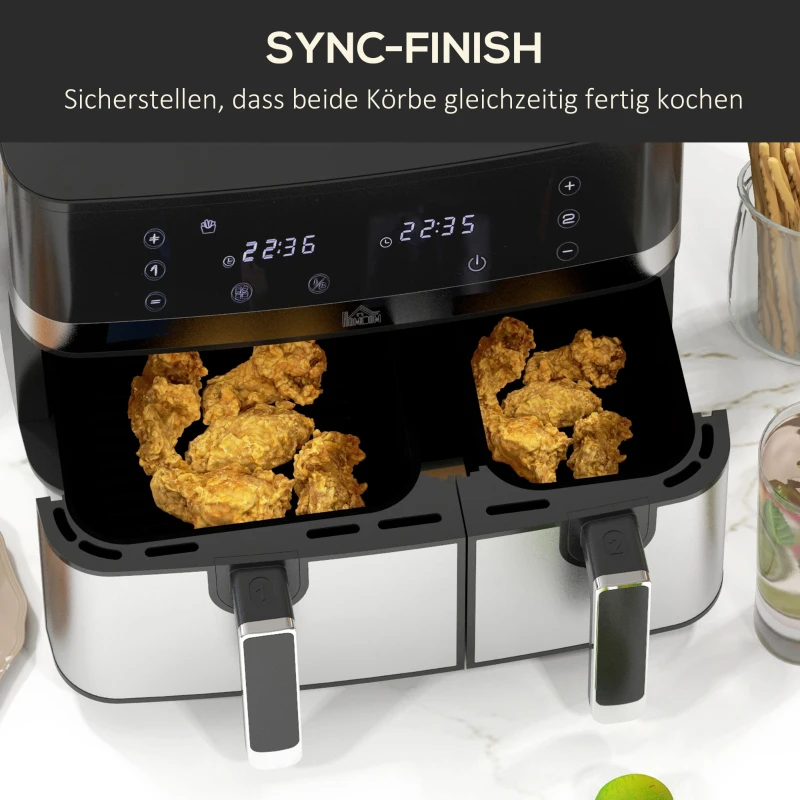 Frytkownica HOMCOM 8,5L z podwójną komorą, 8 w 1, Airfryer z powłoką nieprzywierającą, panel dotykowy, funkcje inteligentne i timera, bez tłuszczu, Czarna