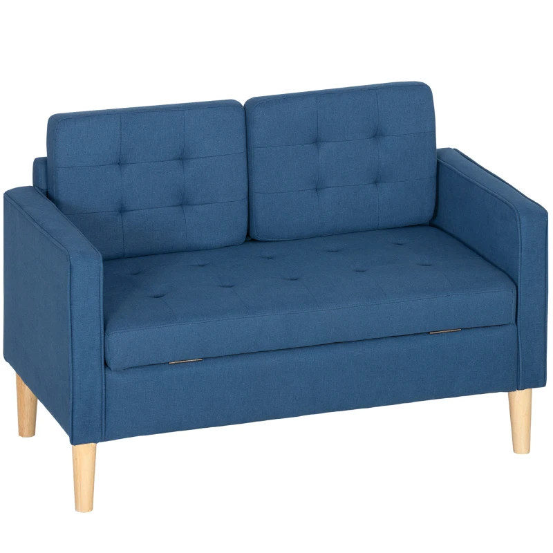 HOMCOM Sofa Dwuosobowa, Kanapa z Przestrzenią do Przechowywania, Nogi Drewniane, Tapicerka w Wyglądzie Aksamitu, dla Salonu, Sypialni, 117x62x78 cm, Niebieska