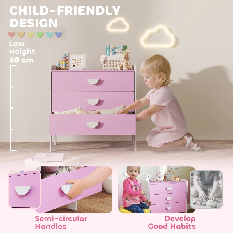 AIYAPLAY Kids Chest of Drawers, 3 Drawers Toy Organiser Unit, Children's Kids Furniture for Bedroom, Nursery, Playroom, Pink