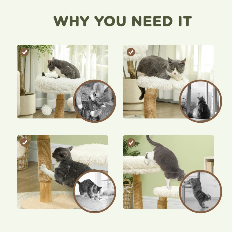 PawHut Cat Tree, 61.5cm Wooden Cat Tower with Washable Cat Bed, Scratching Post, Jumping Platform, Toy Ball, for Indoor Cats and Kittens, White
