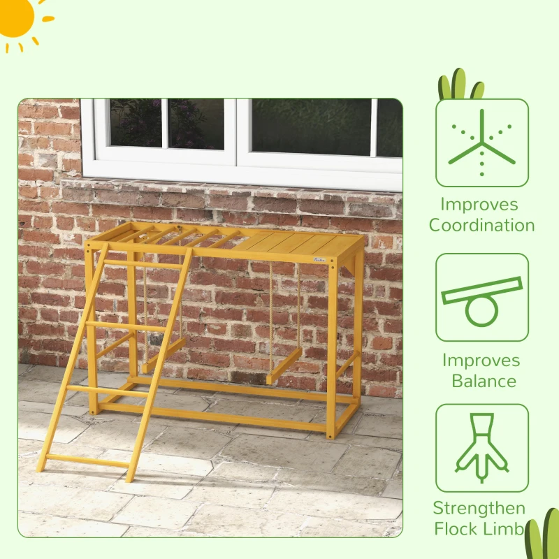 Drewniany plac zabaw dla kur, huśtawki i drabinka