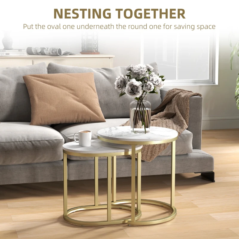 HOMCOM Zestaw 2 stolików kawowych Okrągły stolik kawowy Stackowalny marmurowy wygląd Regulowane nóżki Elegancki design Stal Czarny Ø50 x 50.5H cm