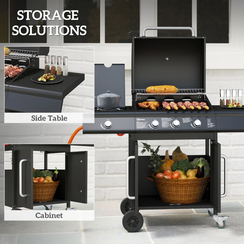 Grill gazowy 12,2 kW, 3+1 palniki, stal nierdzewna, wózek