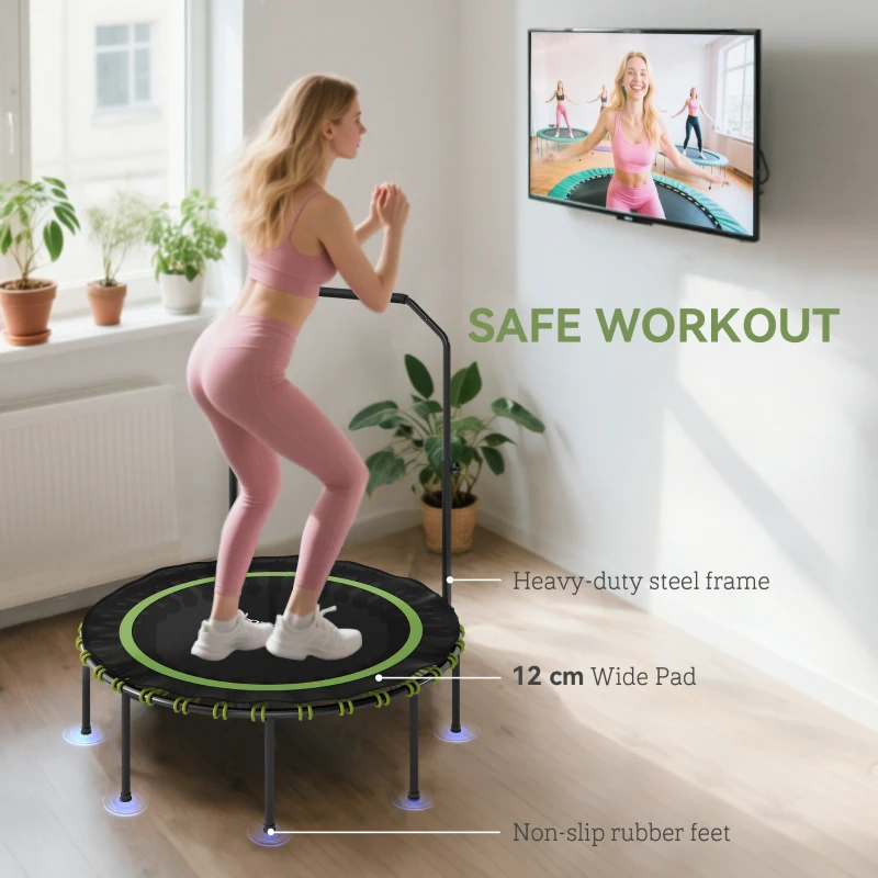 SPORTNOW Składana Trampolina Fitness Ø114 cm Mini Trampolina z 5 Regulowanymi Poziomami Uchwytu, Ciche Gumowe Liny, Trampolina dla Dorosłych do Wewnątrz i na Zewnątrz