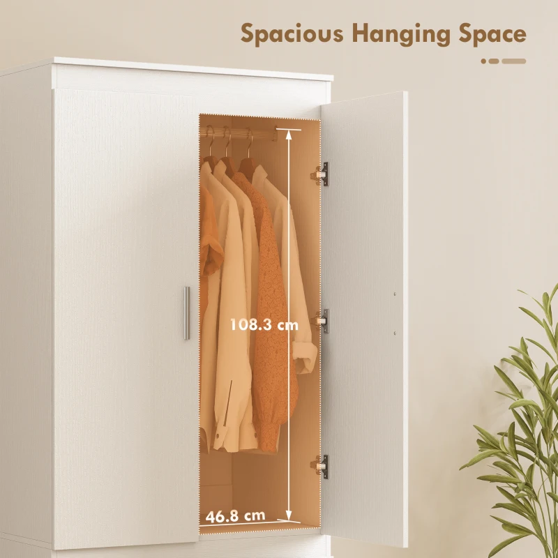 Szafa HOMCOM z 2 drzwiami Soft-Close, 2 szufladami, drążkiem na ubrania i 3 półkami, biała 80 x 55 x 177,5 cm