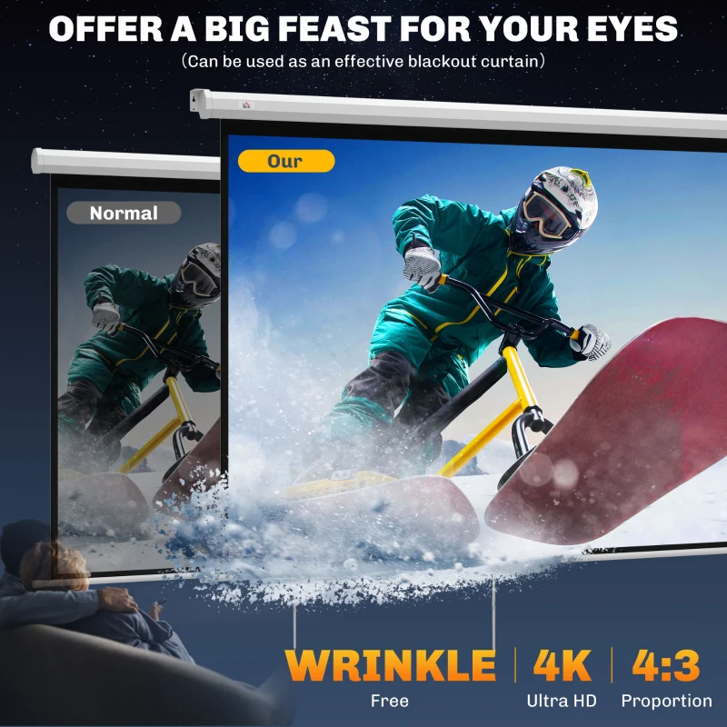 HOMCOM Ekran projekcyjny 171 x 128 cm 84 cale 4:3 HD 4K Ekran zwijany z tworzywa sztucznego i metalu do kina domowego