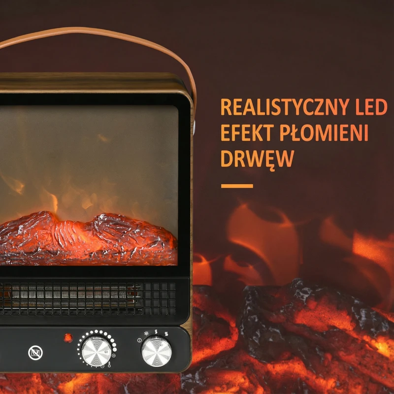 HOMCOM Elektrokamin z efektem płomieni, cichy komin stojący z uchwytem, regulowany piecyk, 750/1500W ogrzewanie wnętrz z zabezpieczeniem przed przegrzaniem do salonu i pomieszczeń wewnętrznych