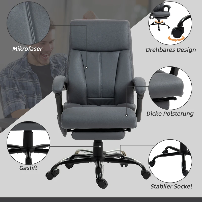 Vinsetto Fotel biurowy z funkcją masażu, Ergonomiczny Krzesło Biurowe z funkcją leżenia, Podgrzewaniem Lędźwiowym, Regulowaną Wysokością, Komputerowe z Podnóżkiem, Obrotowe, Ciemnoszary