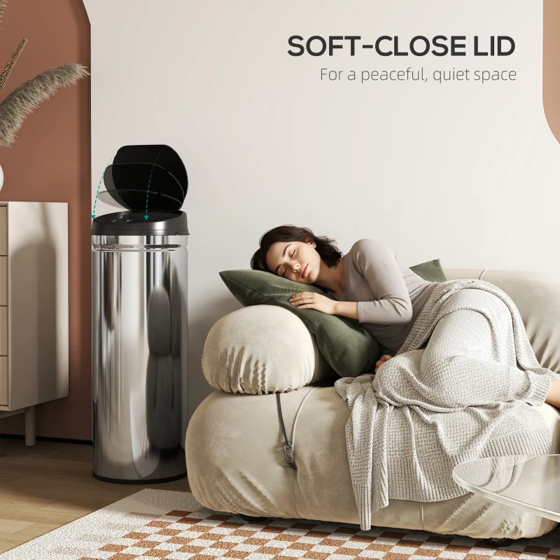 HOMCOM Kosz na śmieci z czujnikiem 50L ze stali nierdzewnej Automatyczny, Cichy z pokrywą Soft-Close, Czujnik ruchu, Kosz odporny na odciski palców dla biura, sypialni, kuchni, Srebrny