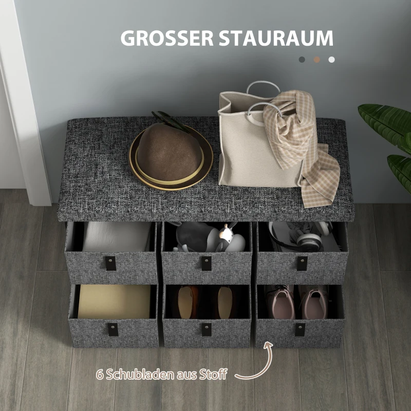 HOMCOM Ławka na Buty z 6 Szufladami, Ławka, Garderobiana Ławka z Wyglądem Lnu, Skrzynia na Buty na 6 Par Butów, do Przedpokoju, Korytarza, Ciemnoszary, 76,5 x 38 x 38 cm