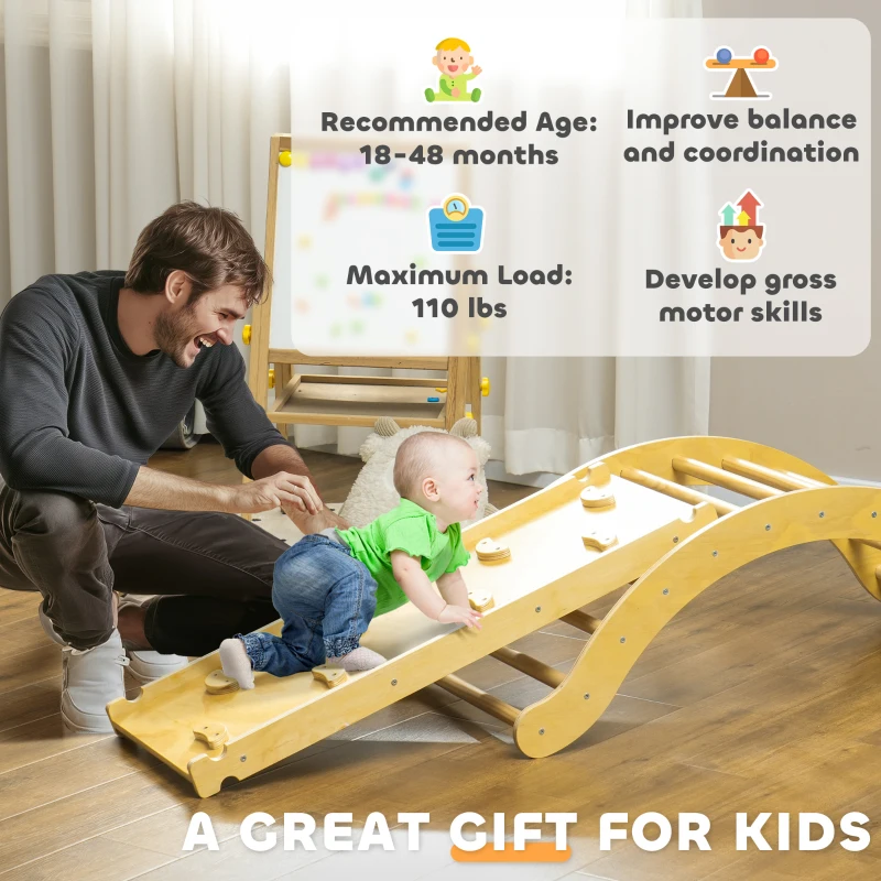AIYAPLAY Toddler Climbing Toys Indoor, 4 In 1 Pikler Climbing Set with Arch Climber, Ramp, Cushion, Wooden Montessori Climbing Set Baby Play Gym for Indoor Playground, Natural Wood Finish
