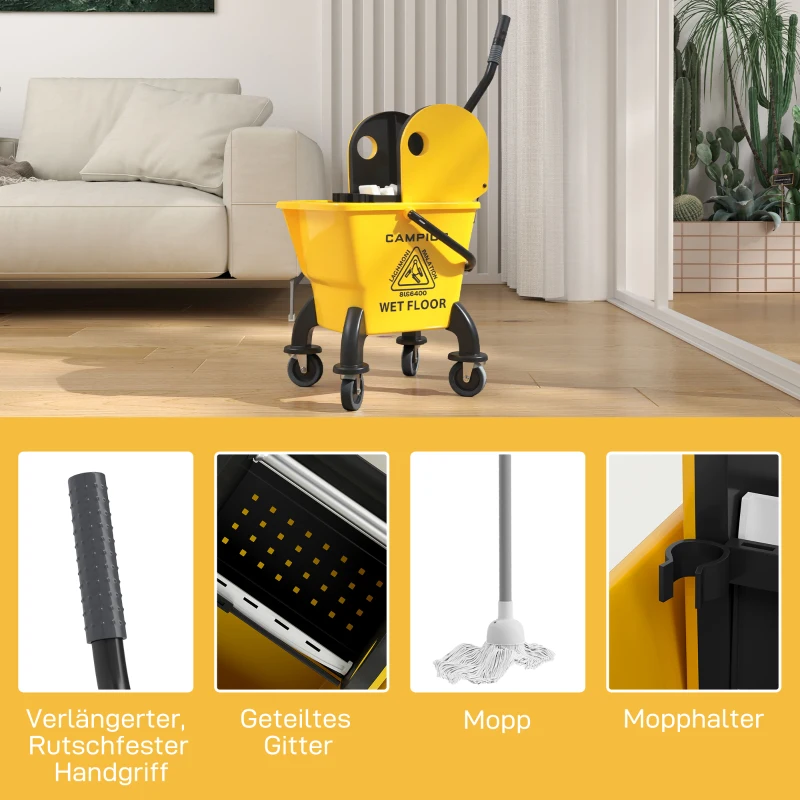 Wózek do sprzątania 26L z mopa, prasą i uchwytem, Żółty