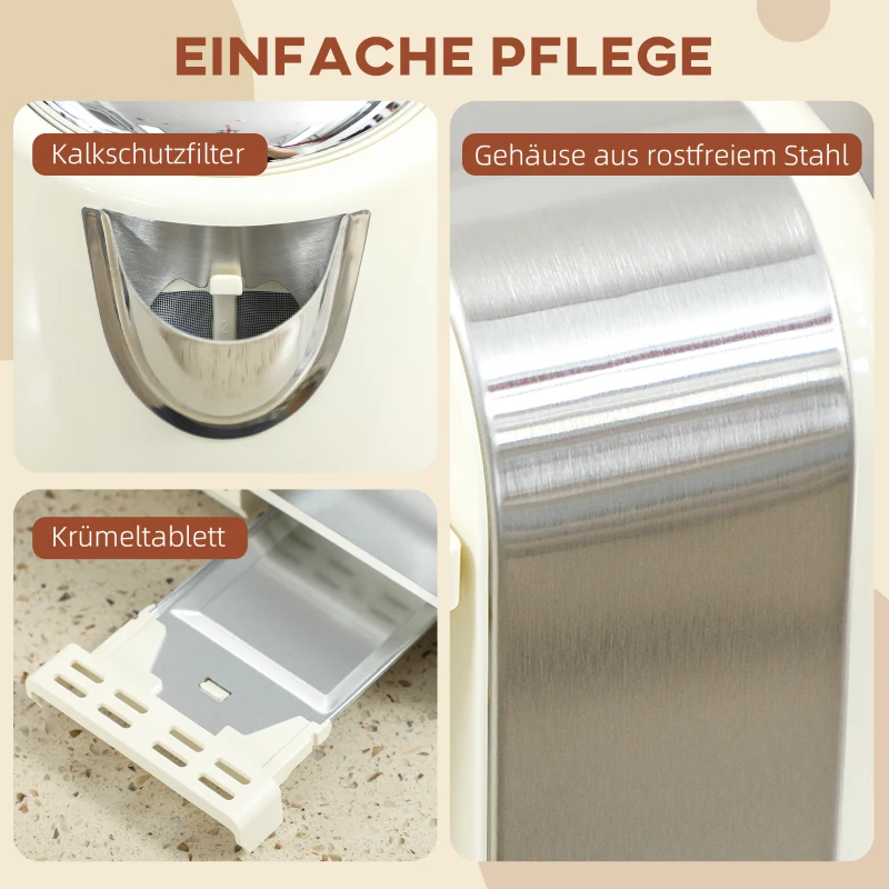 Zestaw HOMCOM: Czajnik i Toster, 1,7 litra, 2200W, Termostat Strix, Filtr, Toster na 4 kromki, 7 stopni opiekania, Pojemnik na okruchy, Kremowy+Srebrny