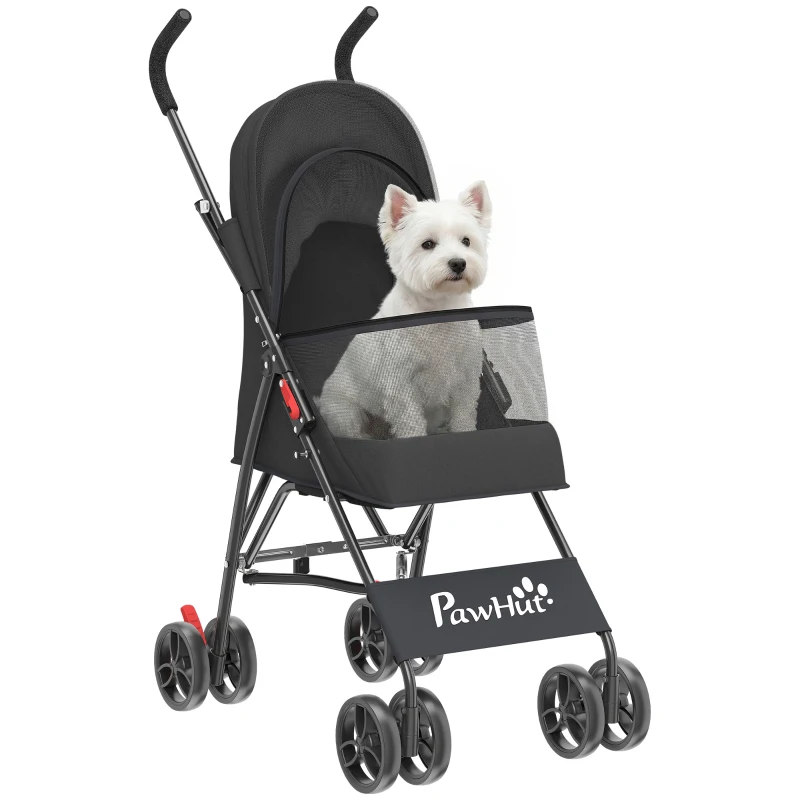 PawHut Dog Stroller, Foldable Cat Dog Pram for Miniature Breeds, Pet Stroller with Brake, Mesh Windows, Black