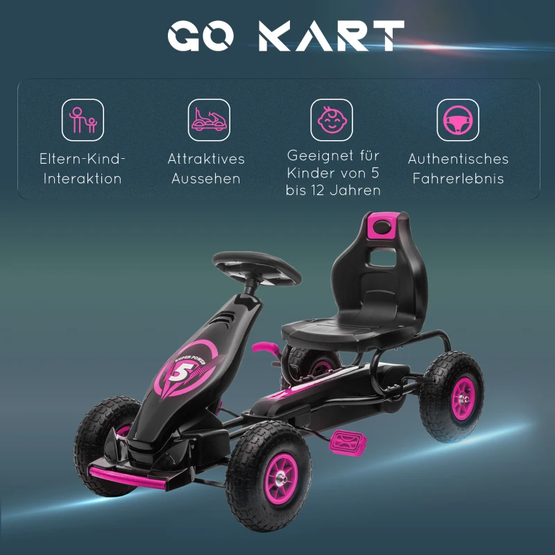 HOMCOM Gokart dla dzieci z pedałami, regulowanym siedzeniem, do użytku wewnątrz i na zewnątrz, od 5 lat, Czarny + Różowy, 121 x 58 x 61 cm