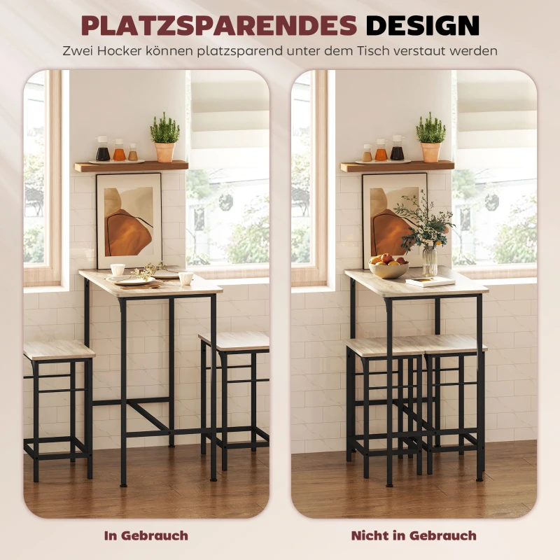 HOMCOM 3 Piece Breakfast Bar Table Set, Industrial Counter Height Table and 2 Bar Stools with Steel Frame for Kitchen, Dining Room, Living Room, Natural Wood Finish