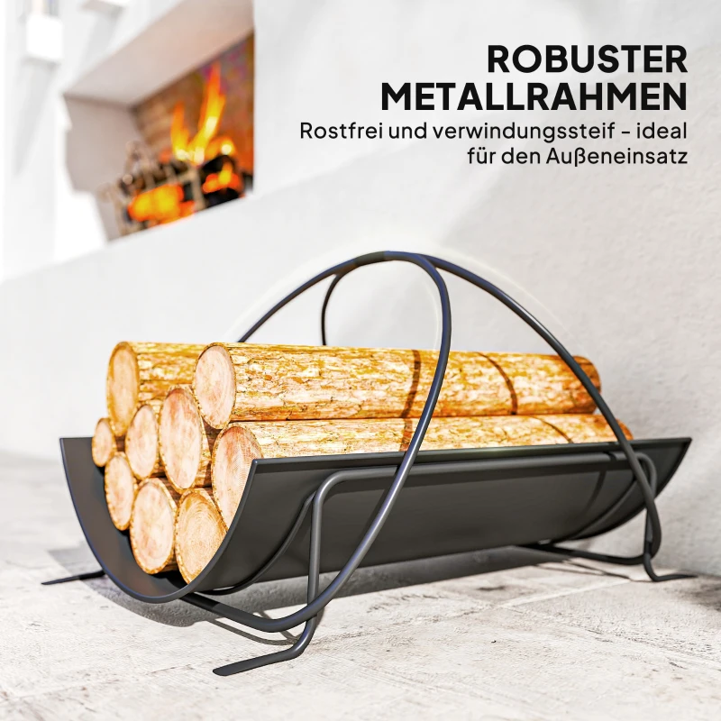 Outsunny Regał na drewno kominkowe wewnętrzne 51 x 38 x 33cm, geometryczny regał na drewno z uchwytem, podniesiony stojak na drewno kominkowe, czarny