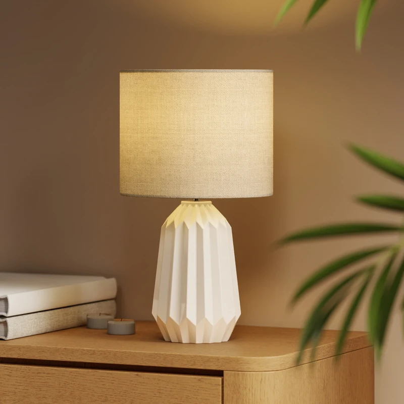 HOMCOM Lampka Stołowa z Abażurem z Lnu, Przełącznik Wippschalter, Ceramiczna Lampka Nocna w Stylu Vintage, E27, Biała