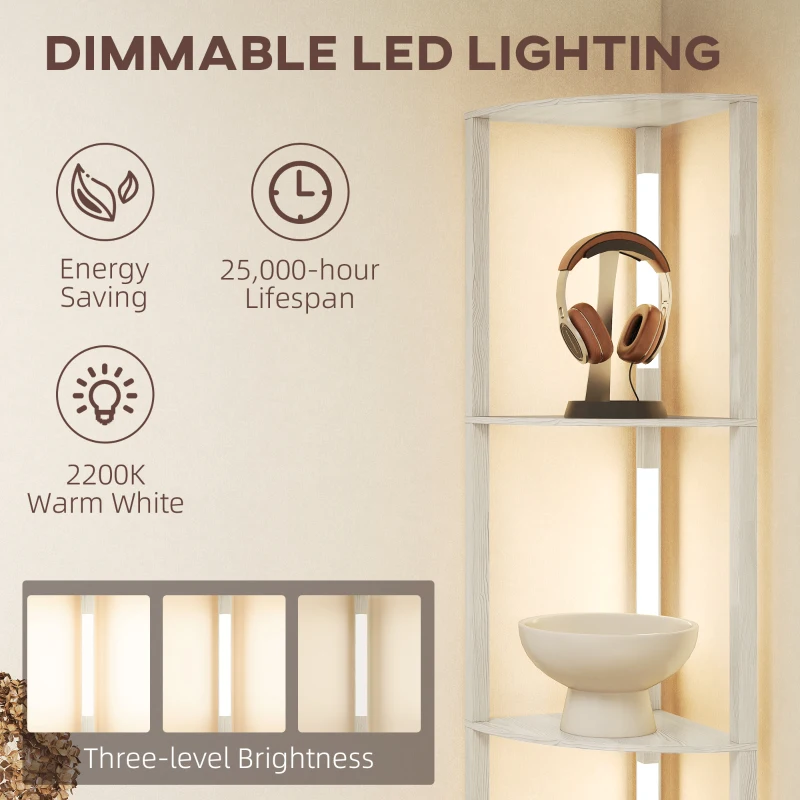 HOMCOM Lampa podłogowa LED z 4 półkami, regulowana, 3 kolory światła, 24 W, z włącznikiem nożnym, do salonu, sypialni, dąb