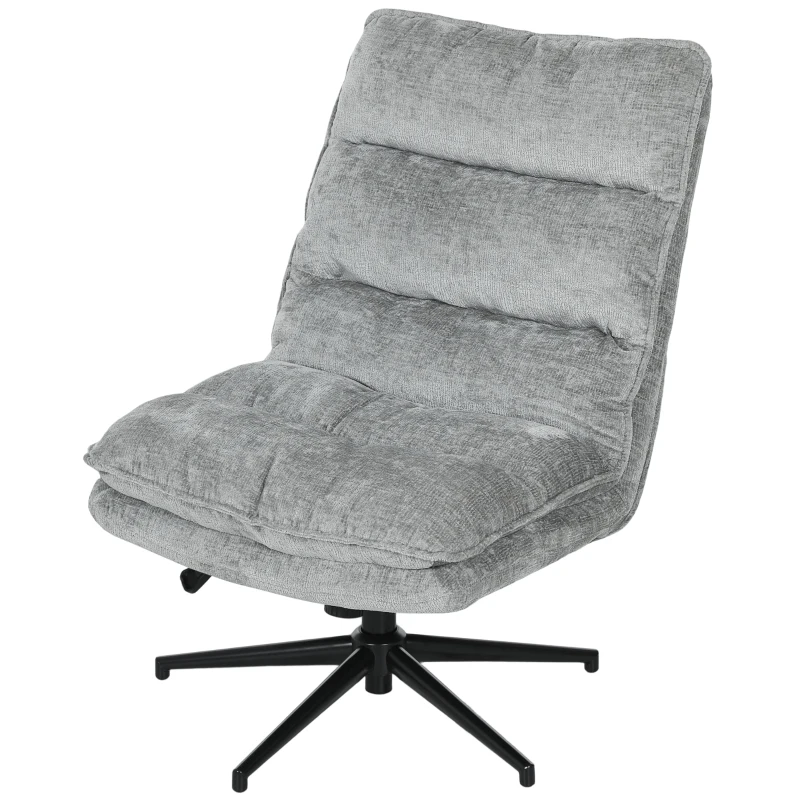 HOMCOM Armless Office Chair No Wheels, Chenille Fabric Criss Cross Legged Desk Chair with Wide Seat, Double-Tier Padding, Tilt Function, Height Adjustable Swivel Computer Seat for Home, Grey